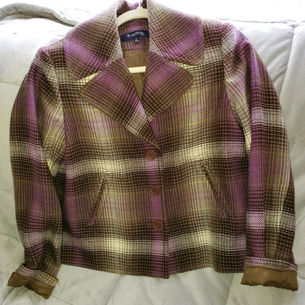 Evan-Picone Petite Plaid Wool Blend Blazer Jacket Purple Brown Button Front 4P